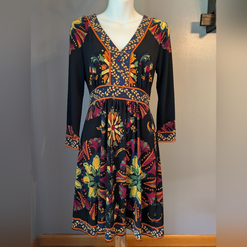 ECI Black Long Sleeve V-Neck Dress with Multicolor Floral Print